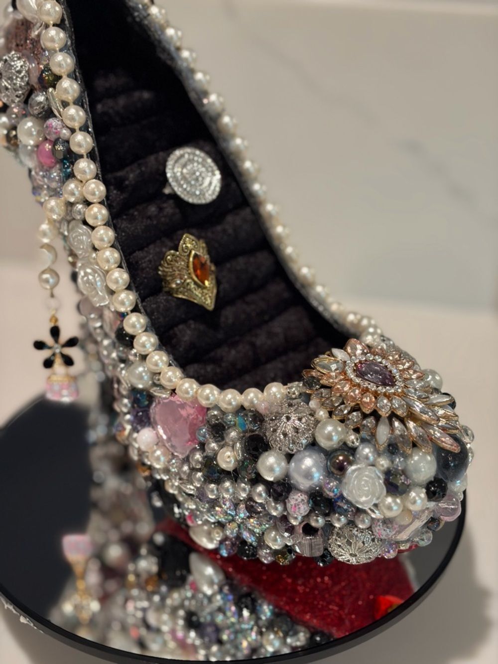 Jeweled Pearl and Crystal Stiletto High Heel Pump - Ring Holder - Picture 6 of 10